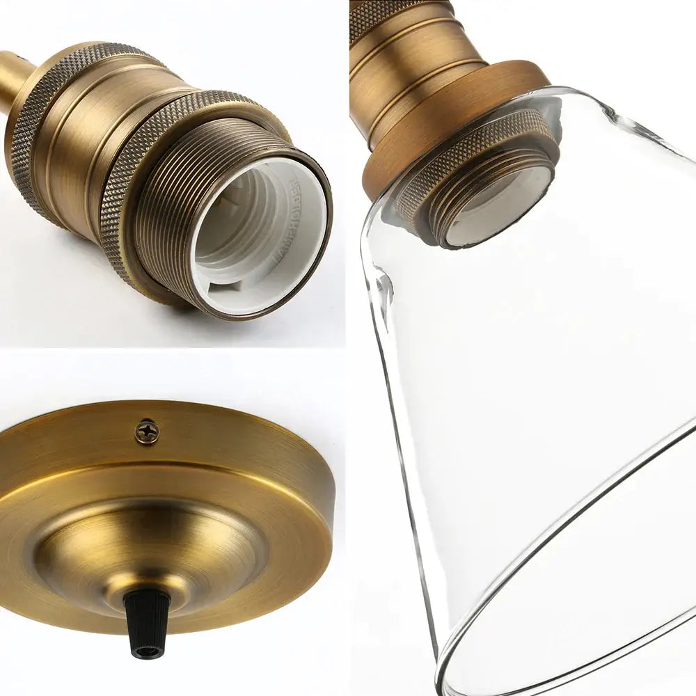 Antique brass-finished pendant light with clear glass funnel flared shade and textured metal fittings for kitchen decorbites clear glass