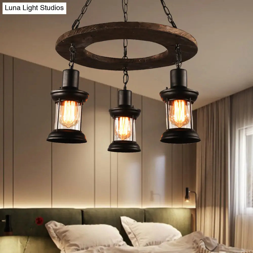 Industrial Clear Glass Lantern Shade Chandelier Pendant Light with 3/6 Bulbs for Dining Room Ceiling in Black