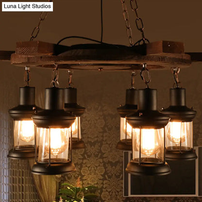 Industrial Clear Glass Lantern Shade Chandelier Pendant Light with 3/6 Bulbs for Dining Room Ceiling in Black