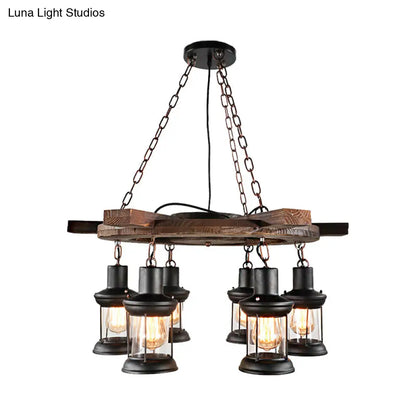Industrial Clear Glass Lantern Shade Chandelier Pendant Light with 3/6 Bulbs for Dining Room Ceiling in Black