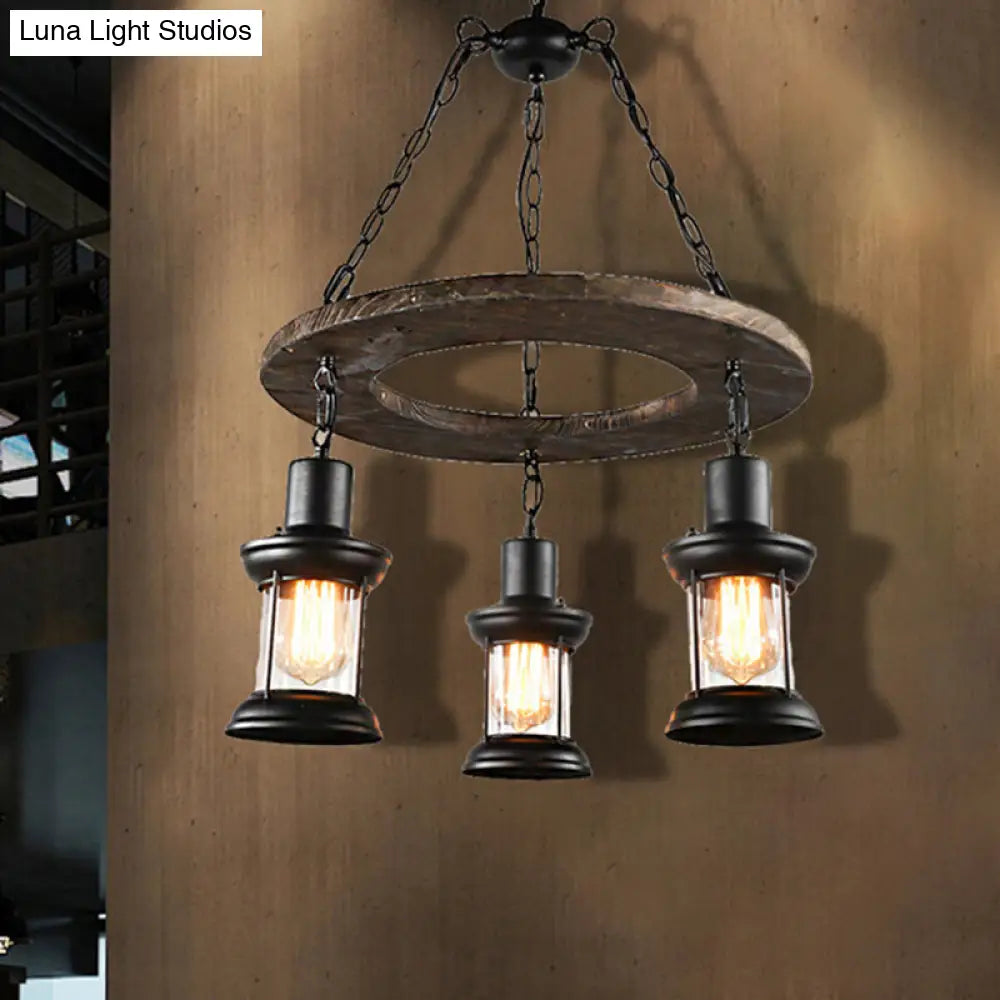 Industrial Clear Glass Lantern Shade Chandelier Pendant Light with 3/6 Bulbs for Dining Room Ceiling in Black