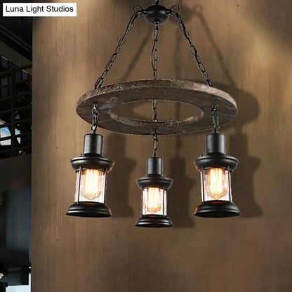 Industrial Clear Glass Lantern Shade Chandelier Pendant Light with 3/6 Bulbs for Dining Room Ceiling in Black