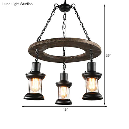 Industrial Clear Glass Lantern Shade Chandelier Pendant Light with 3/6 Bulbs for Dining Room Ceiling in Black