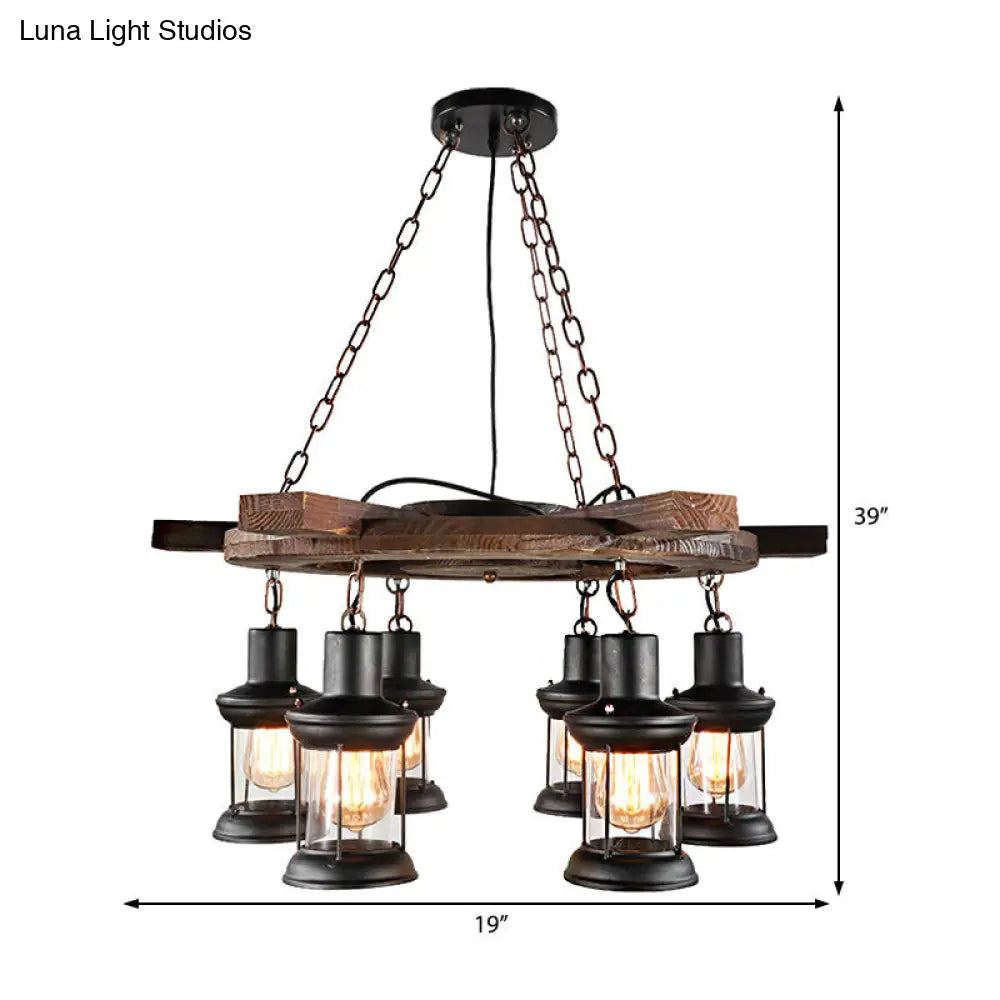 Industrial Clear Glass Lantern Shade Chandelier Pendant Light with 3/6 Bulbs for Dining Room Ceiling in Black