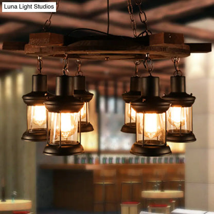 Industrial Clear Glass Lantern Shade Chandelier Pendant Light with 3/6 Bulbs for Dining Room Ceiling in Black
