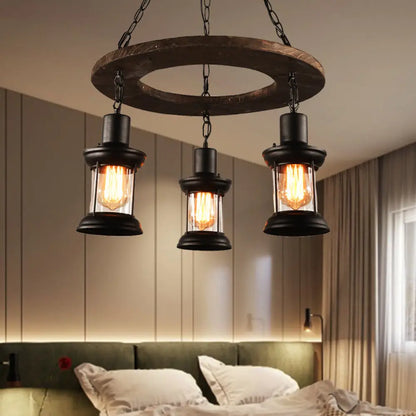 Industrial Clear Glass Lantern Shade Chandelier Pendant Light with 3/6 Bulbs for Dining Room Ceiling in Black