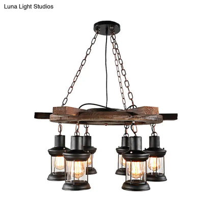 Industrial Clear Glass Lantern Shade Chandelier Pendant Light with 3/6 Bulbs for Dining Room Ceiling in Black