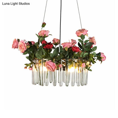 Industrial Clear Glass Pendant Light: Tube Restaurant Chandelier with 3 Green Heads and Artificial Rose Deco