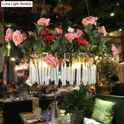 Industrial Clear Glass Pendant Light: Tube Restaurant Chandelier with 3 Green Heads and Artificial Rose Deco