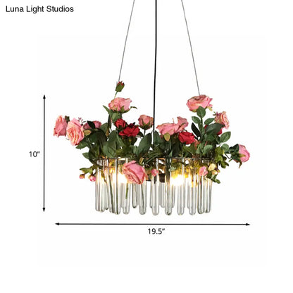 Industrial Clear Glass Pendant Light: Tube Restaurant Chandelier with 3 Green Heads and Artificial Rose Deco