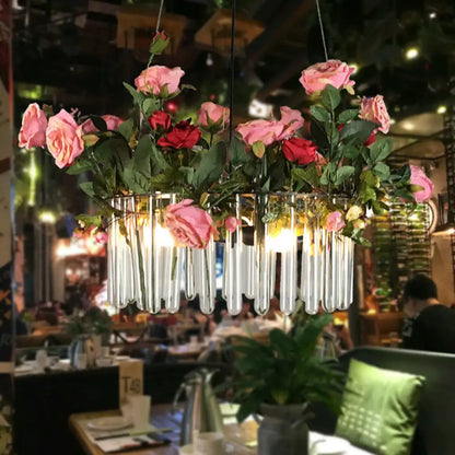 Industrial Clear Glass Pendant Light: Tube Restaurant Chandelier with 3 Green Heads and Artificial Rose Deco