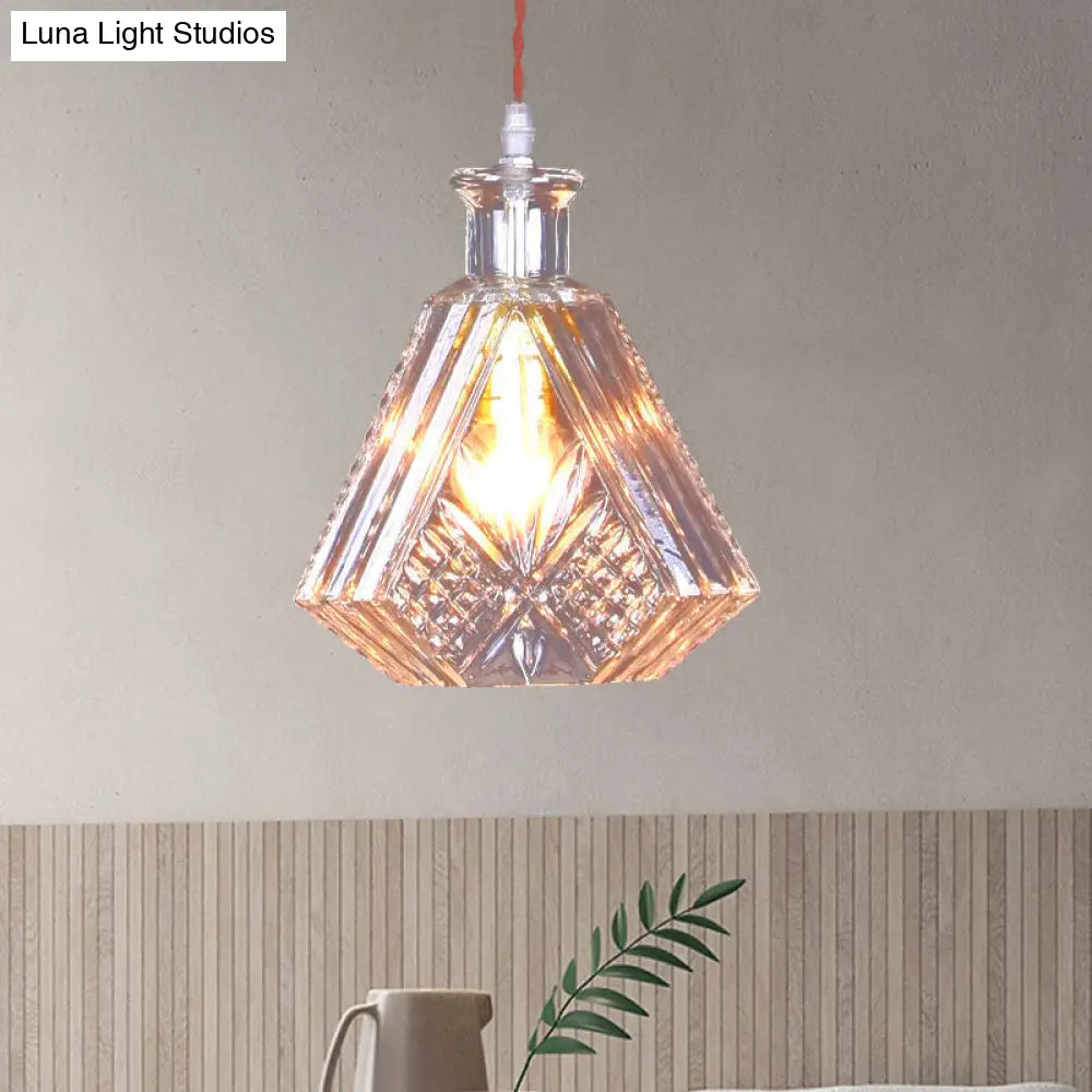 Industrial Clear Glass Suspension Light - Textured Tapered Diamond Design | 1 Bulb Bar Pendant Lamp