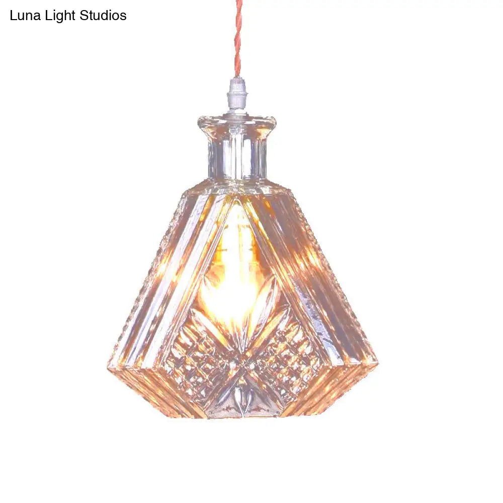 Industrial Clear Glass Suspension Light - Textured Tapered Diamond Design | 1 Bulb Bar Pendant Lamp