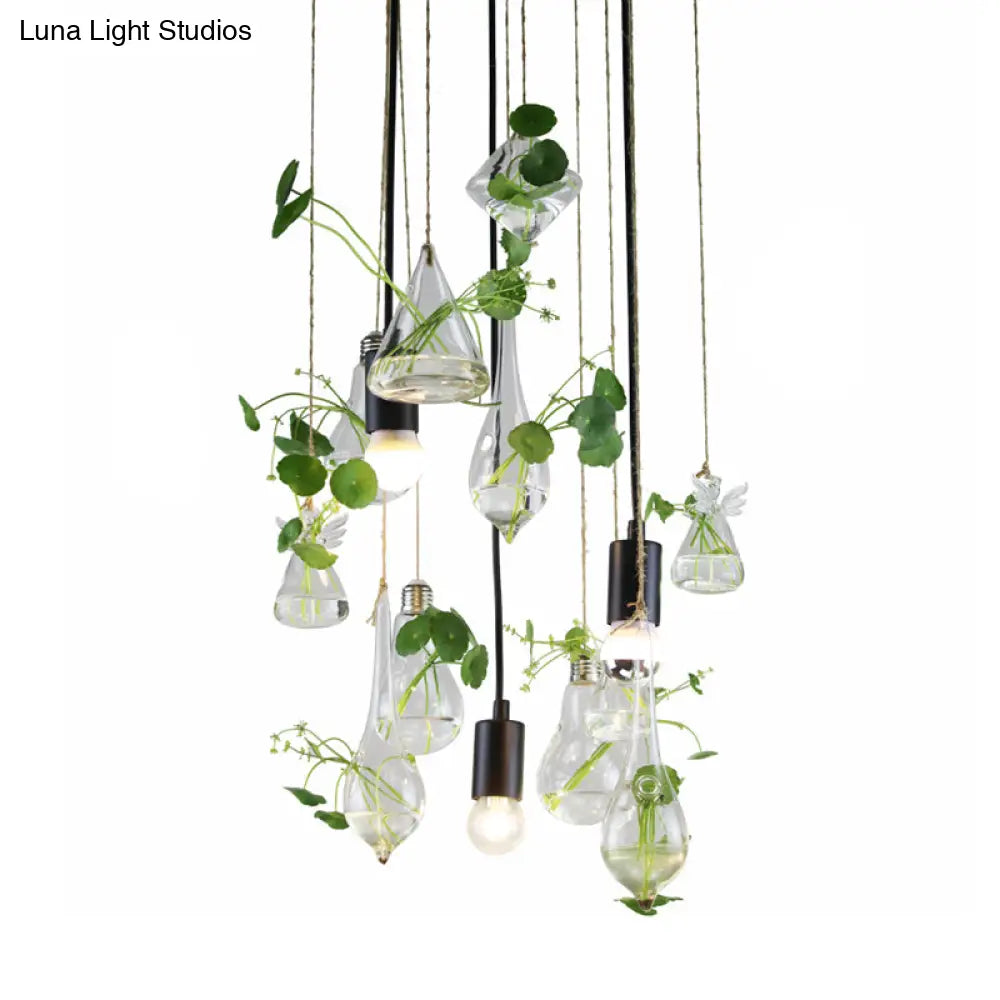 Industrial Clear Glass Teardrop 3-Light Planter Pendant with Open Bulb - Green