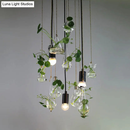 Industrial Clear Glass Teardrop 3-Light Planter Pendant with Open Bulb - Green