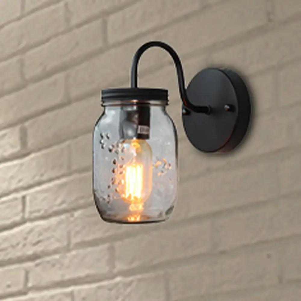 DecorBites™ Industrial Clear Glass Wall Sconce with Black Jar Shade: Modern Bedroom Light Fixture with Floral Detail