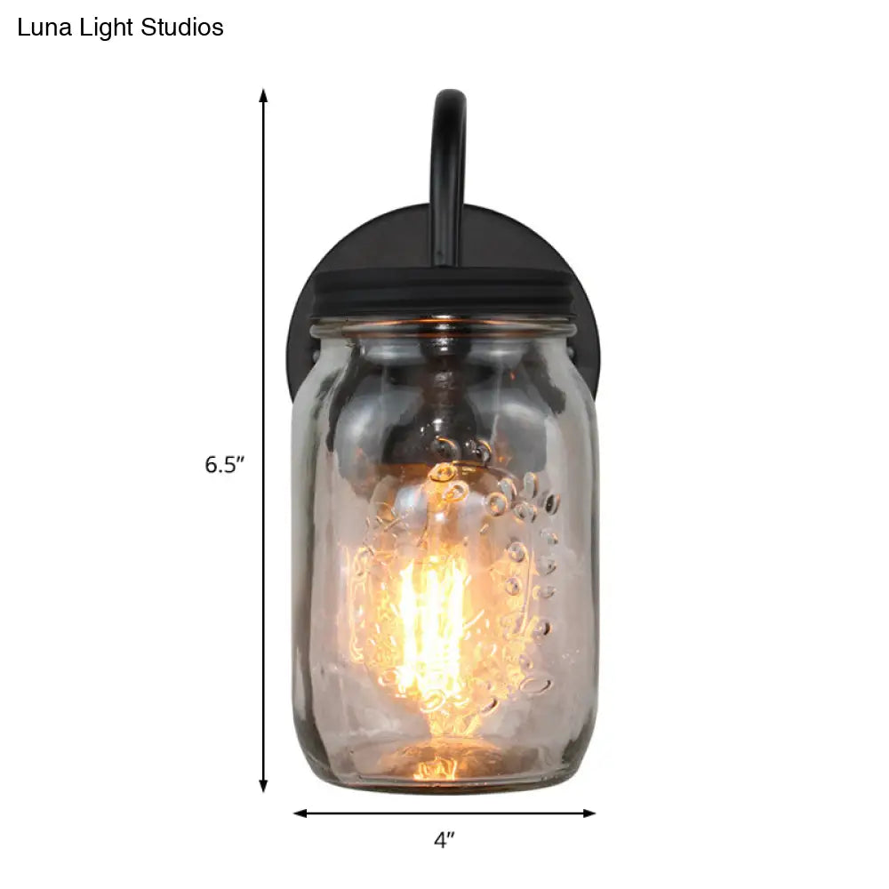 DecorBites™ Industrial Clear Glass Wall Sconce with Black Jar Shade: Modern Bedroom Light Fixture with Floral Detail