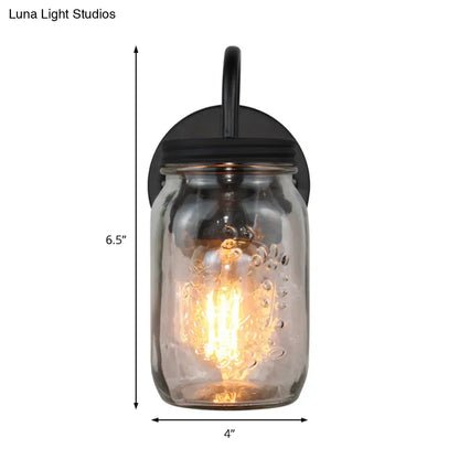 DecorBites™ Industrial Clear Glass Wall Sconce with Black Jar Shade: Modern Bedroom Light Fixture with Floral Detail