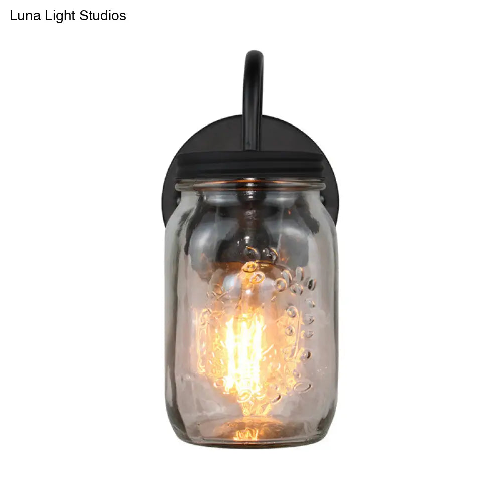DecorBites™ Industrial Clear Glass Wall Sconce with Black Jar Shade: Modern Bedroom Light Fixture with Floral Detail