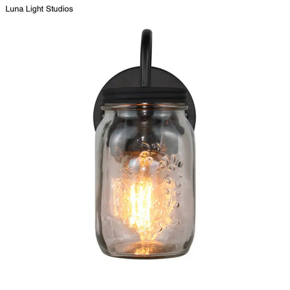 DecorBites™ Industrial Clear Glass Wall Sconce with Black Jar Shade: Modern Bedroom Light Fixture with Floral Detail