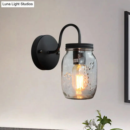 DecorBites™ Industrial Clear Glass Wall Sconce with Black Jar Shade: Modern Bedroom Light Fixture with Floral Detail