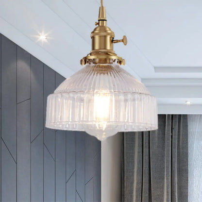 Industrial Clear Ribbed Glass Pendant Light Kit with Brass Fixture - Bowl Living Room Hanging Lighting