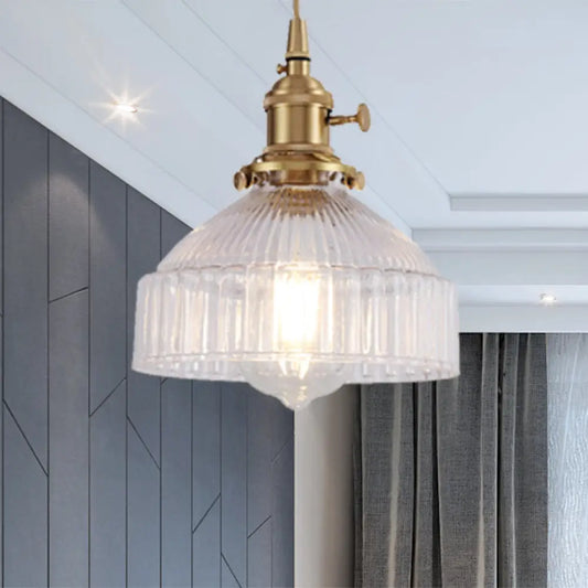 Industrial Clear Ribbed Glass Pendant Light Kit with Brass Fixture - Bowl Living Room Hanging Lighting