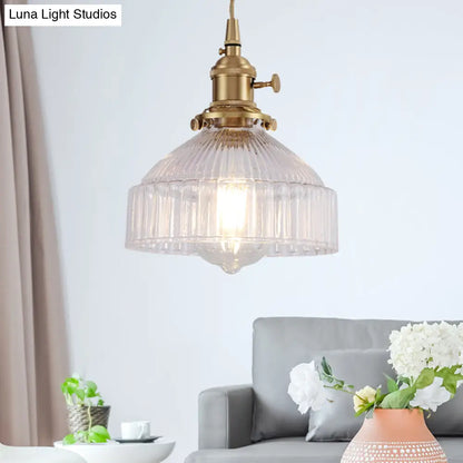 Industrial Clear Ribbed Glass Pendant Light Kit with Brass Fixture - Bowl Living Room Hanging Lighting