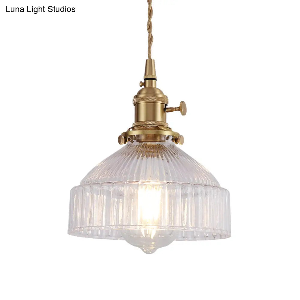 Industrial Clear Ribbed Glass Pendant Light Kit with Brass Fixture - Bowl Living Room Hanging Lighting