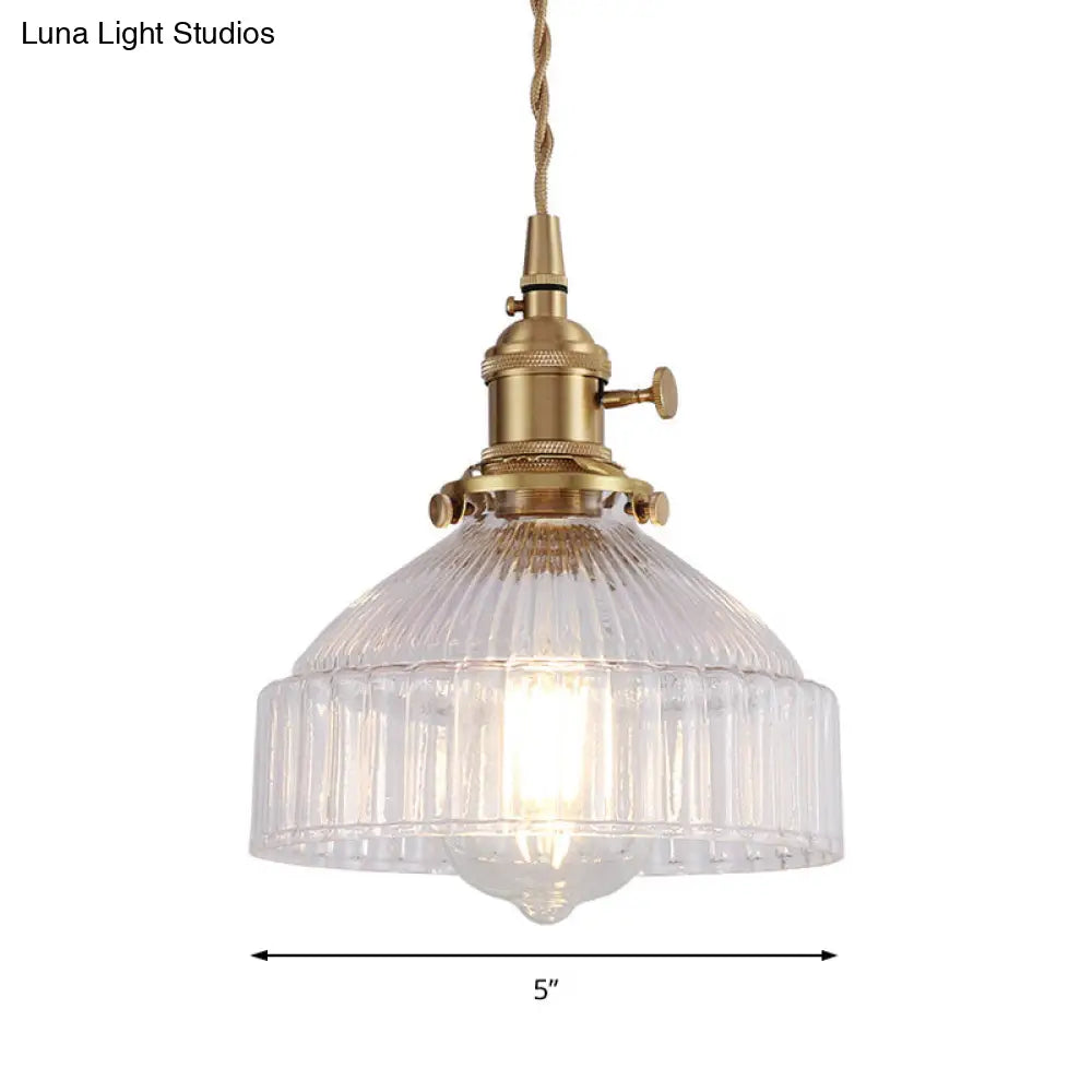 Industrial Clear Ribbed Glass Pendant Light Kit with Brass Fixture - Bowl Living Room Hanging Lighting