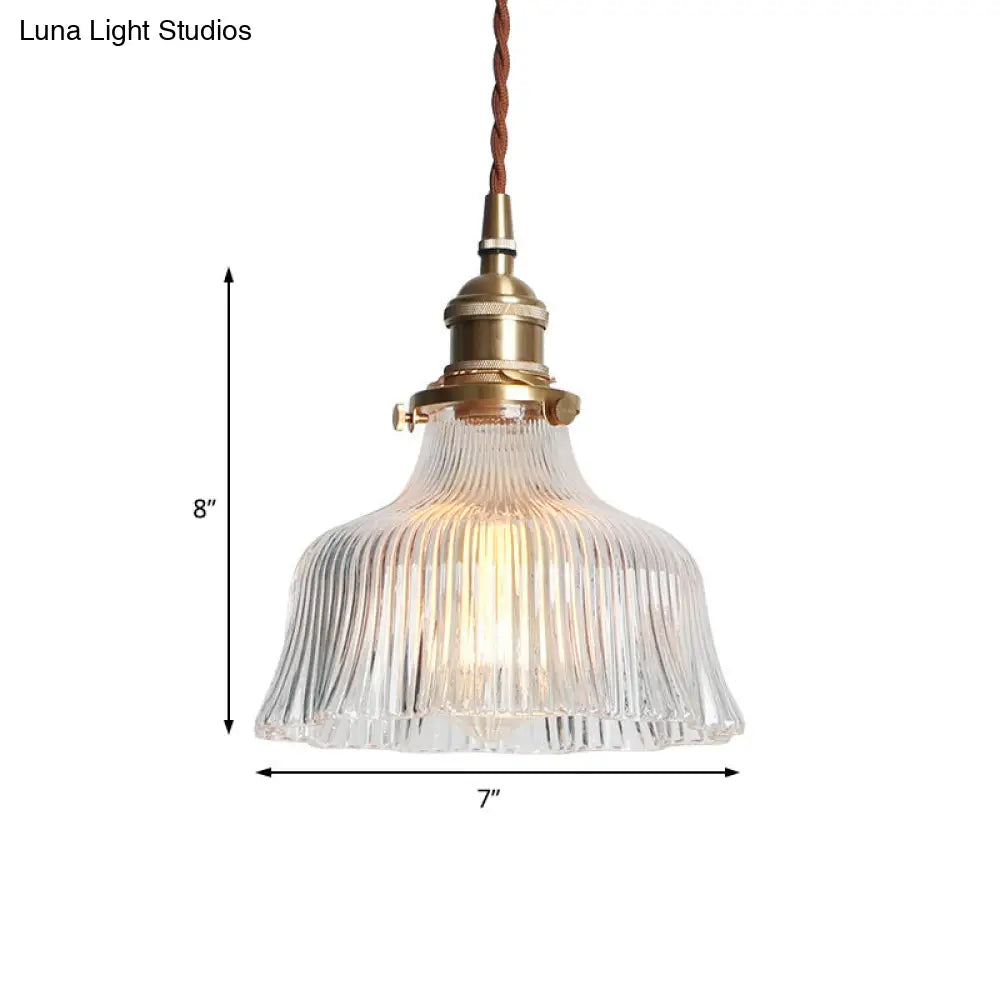 Industrial Clear Textured Glass Pendant Lamp - 1 Light Brass Barn Hanging - Indoor, 6"/8