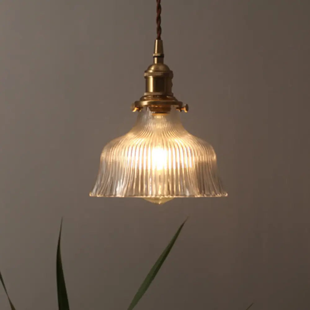 Industrial Clear Textured Glass Pendant Lamp - 1 Light Brass Barn Hanging - Indoor, 6"/8