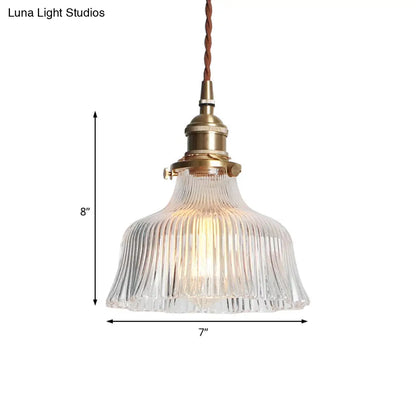 Industrial Clear Textured Glass Pendant Lamp - 1 Light Brass Barn Hanging - Indoor, 6"/8