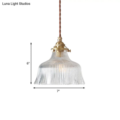 Industrial Clear Textured Glass Pendant Lamp - 1 Light Brass Barn Hanging - Indoor, 6"/8