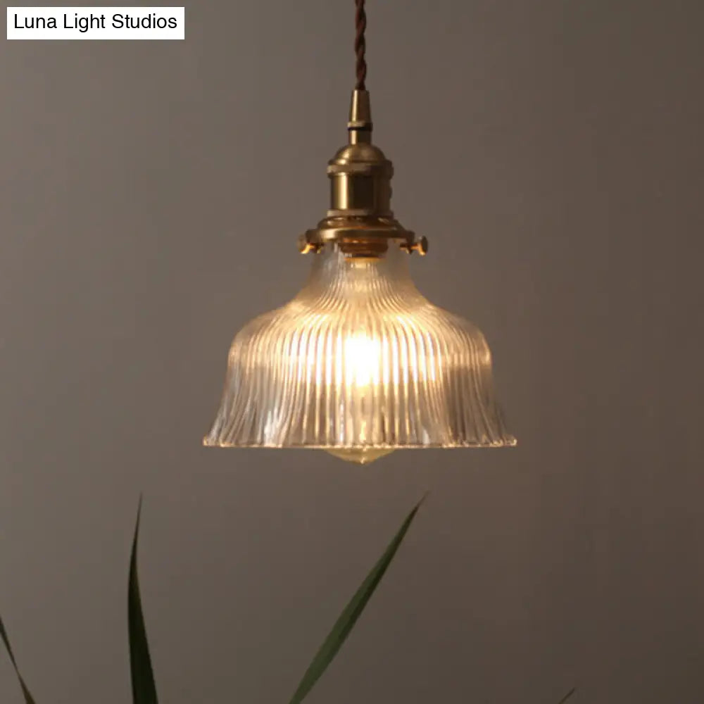 Industrial Clear Textured Glass Pendant Lamp - 1 Light Brass Barn Hanging - Indoor, 6"/8