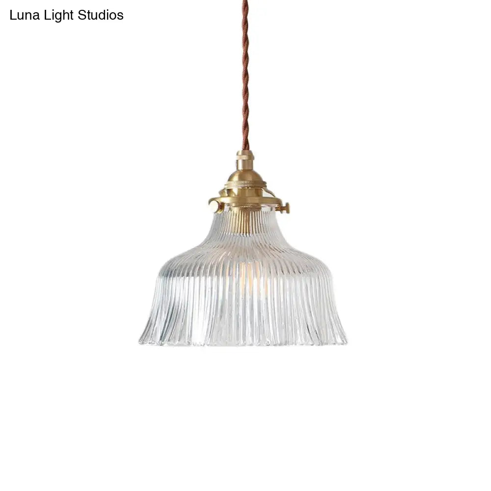 Industrial Clear Textured Glass Pendant Lamp - 1 Light Brass Barn Hanging - Indoor, 6"/8