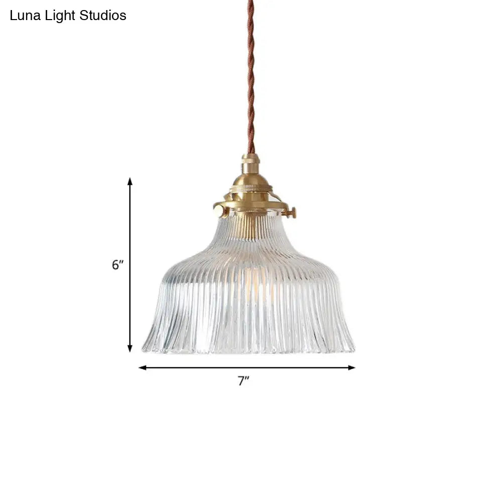 Industrial Clear Textured Glass Pendant Lamp - 1 Light Brass Barn Hanging - Indoor, 6"/8