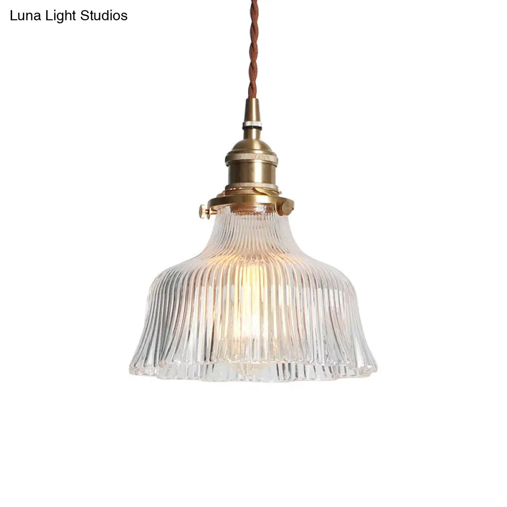 Industrial Clear Textured Glass Pendant Lamp - 1 Light Brass Barn Hanging - Indoor, 6"/8