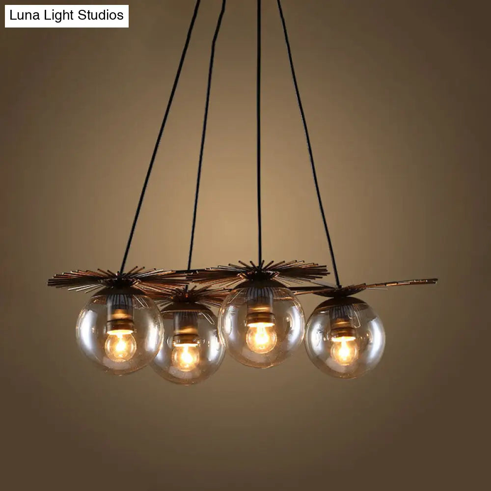 Industrial Coffee House Pendant Light Fixture with Amber Glass Shade - 4 Bulbs Ceiling Chandelier