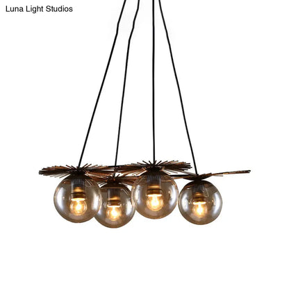 Industrial Coffee House Pendant Light Fixture with Amber Glass Shade - 4 Bulbs Ceiling Chandelier