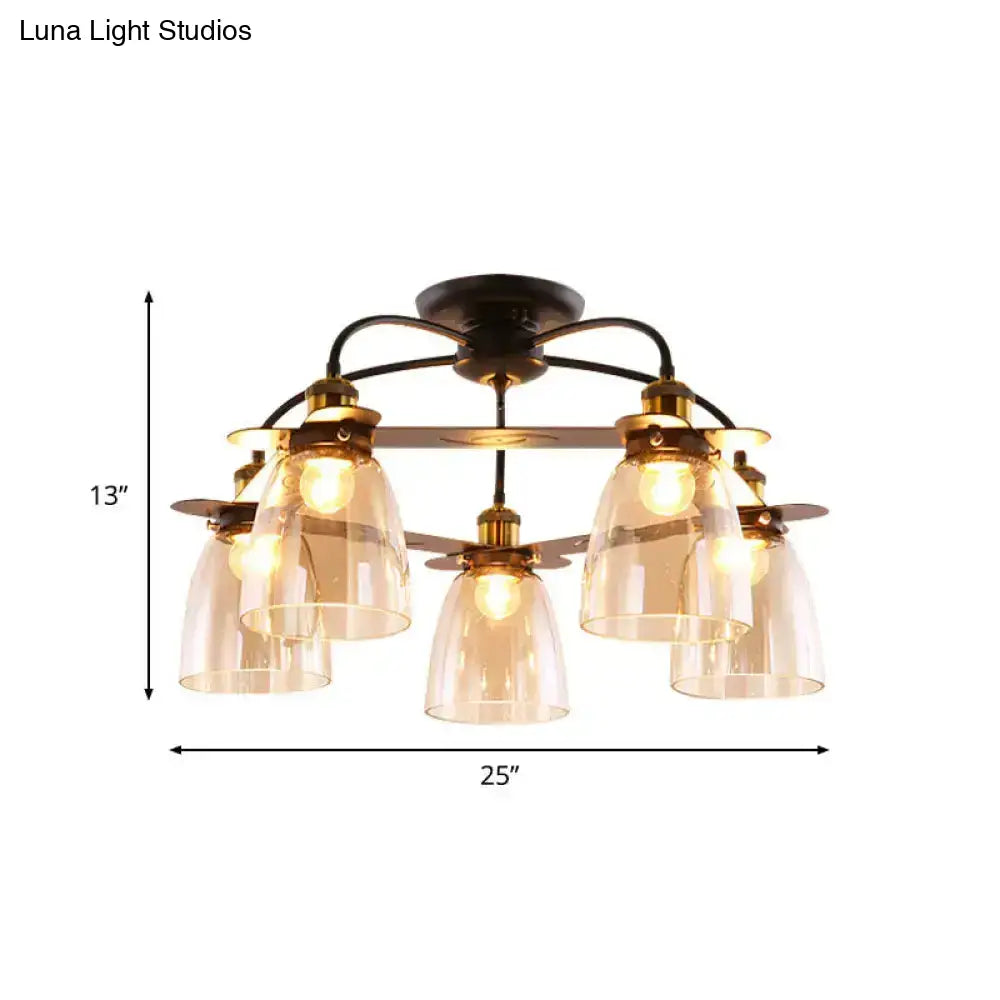 Industrial Cognac Glass Bell Semi Flush Ceiling Lamp (3/5/6 Heads) in Aged Brass - Perfect for Living Room