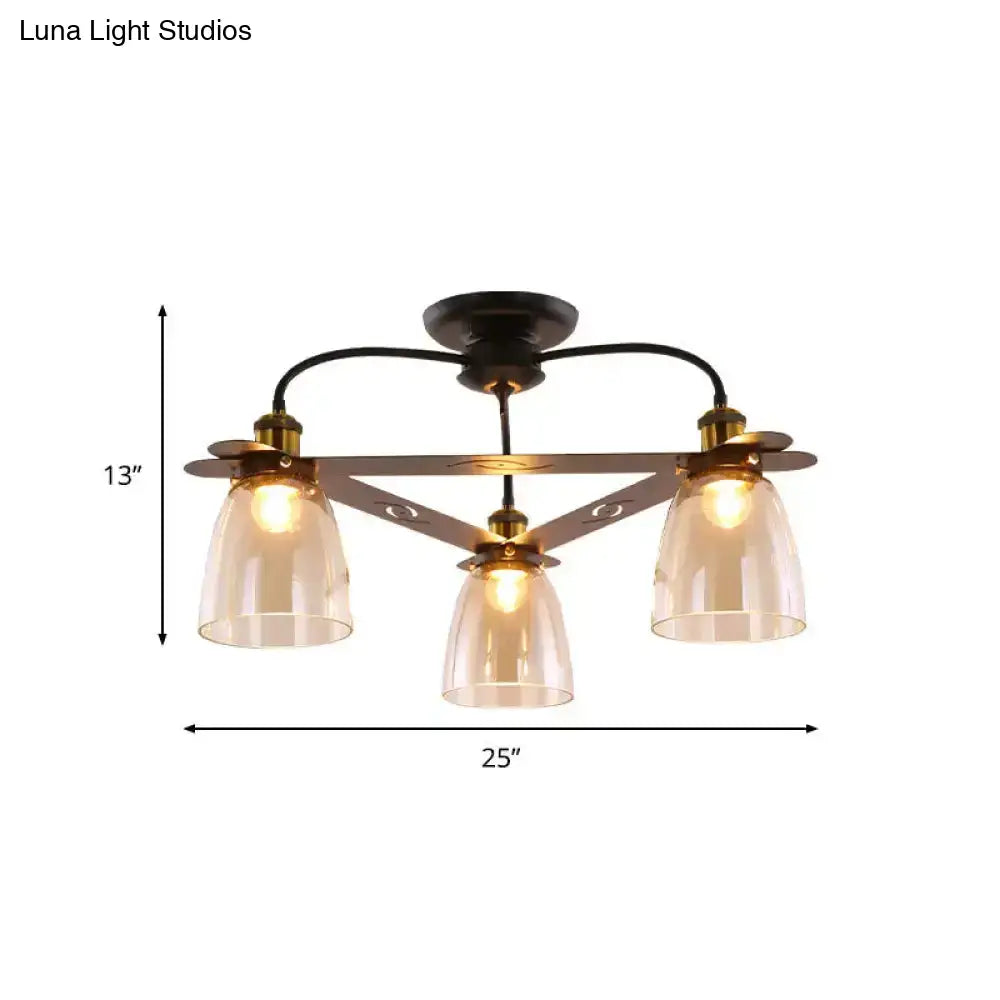 Industrial Cognac Glass Bell Semi Flush Ceiling Lamp (3/5/6 Heads) in Aged Brass - Perfect for Living Room