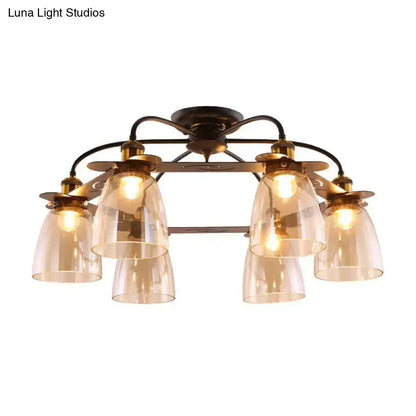 Industrial Cognac Glass Bell Semi Flush Ceiling Lamp (3/5/6 Heads) in Aged Brass - Perfect for Living Room