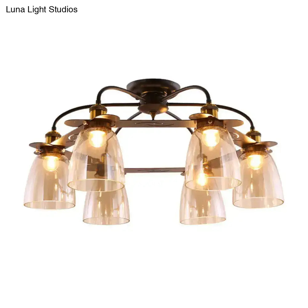 Industrial Cognac Glass Bell Semi Flush Ceiling Lamp (3/5/6 Heads) in Aged Brass - Perfect for Living Room