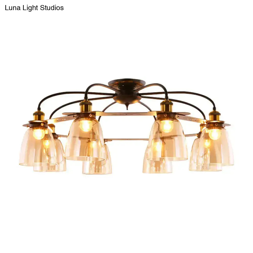 Industrial Cognac Glass Bell Semi Flush Ceiling Lamp (3/5/6 Heads) in Aged Brass - Perfect for Living Room