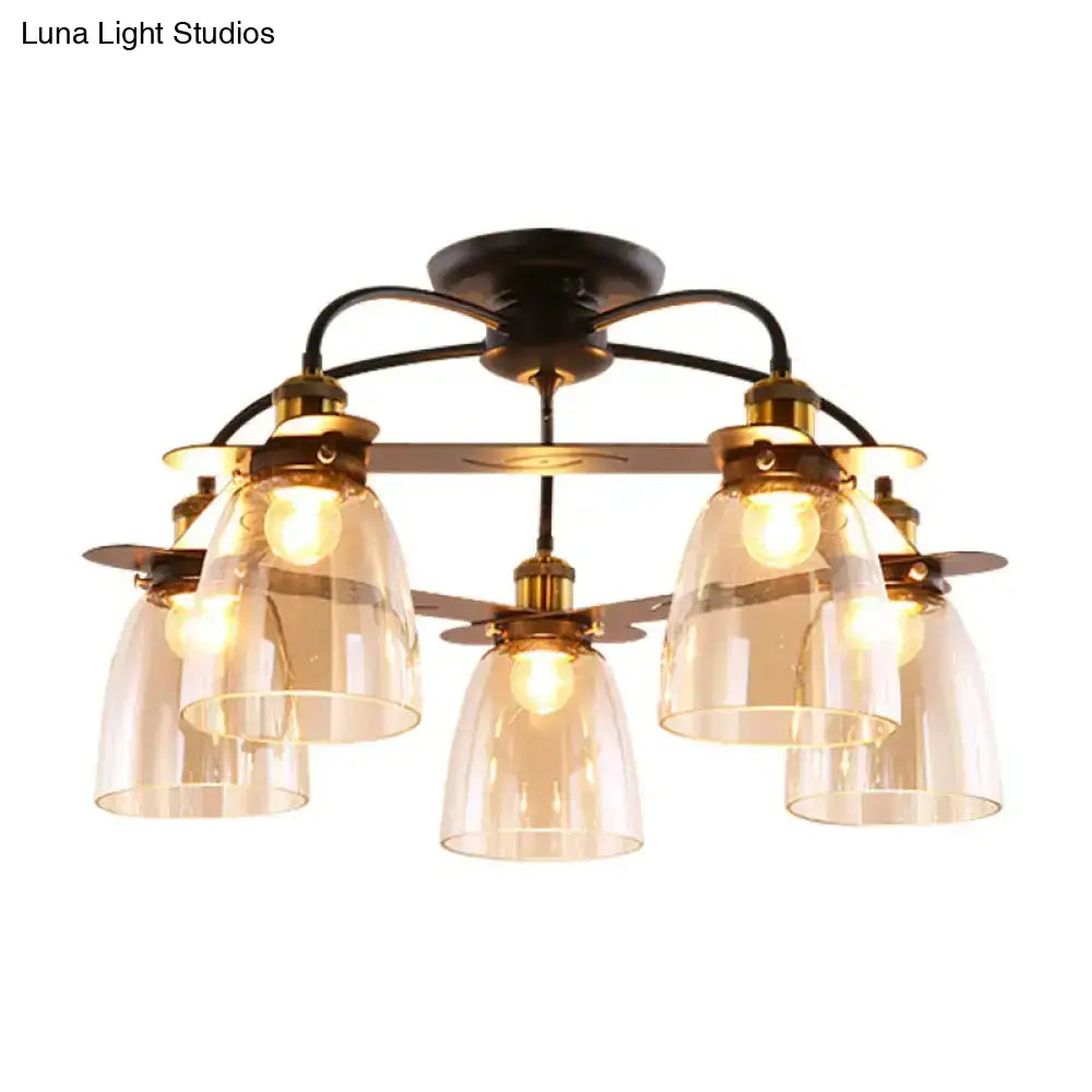 Industrial Cognac Glass Bell Semi Flush Ceiling Lamp (3/5/6 Heads) in Aged Brass - Perfect for Living Room