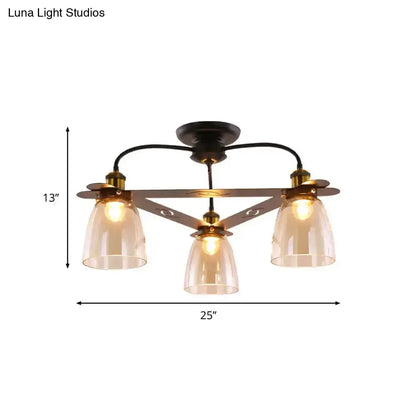 Industrial Cognac Glass Bell Semi Flush Ceiling Lamp (3/5/6 Heads) in Aged Brass - Perfect for Living Room