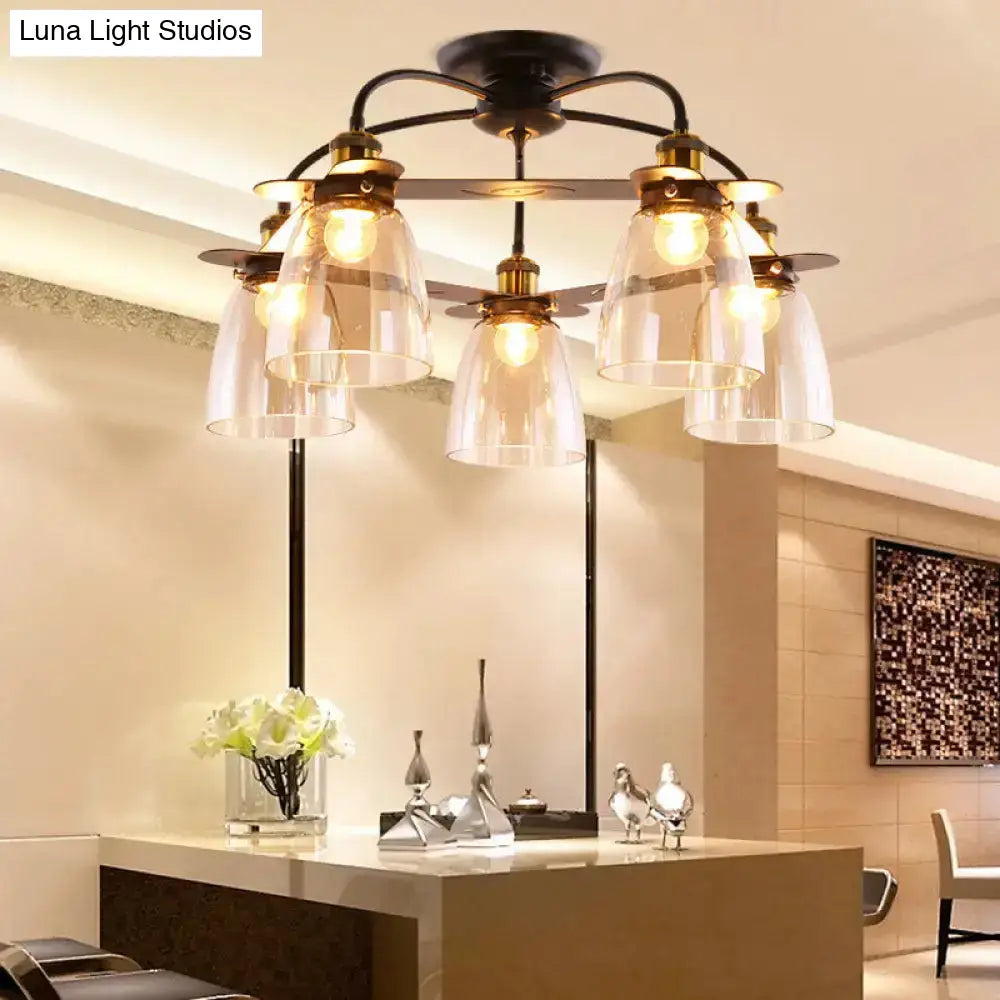 Industrial Cognac Glass Bell Semi Flush Ceiling Lamp (3/5/6 Heads) in Aged Brass - Perfect for Living Room