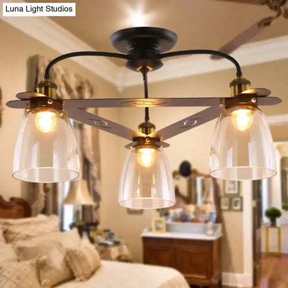 Industrial Cognac Glass Bell Semi Flush Ceiling Lamp (3/5/6 Heads) in Aged Brass - Perfect for Living Room