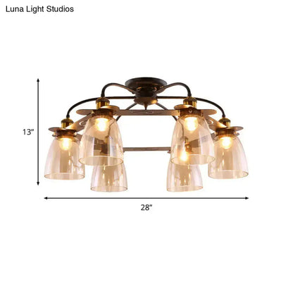 Industrial Cognac Glass Bell Semi Flush Ceiling Lamp (3/5/6 Heads) in Aged Brass - Perfect for Living Room